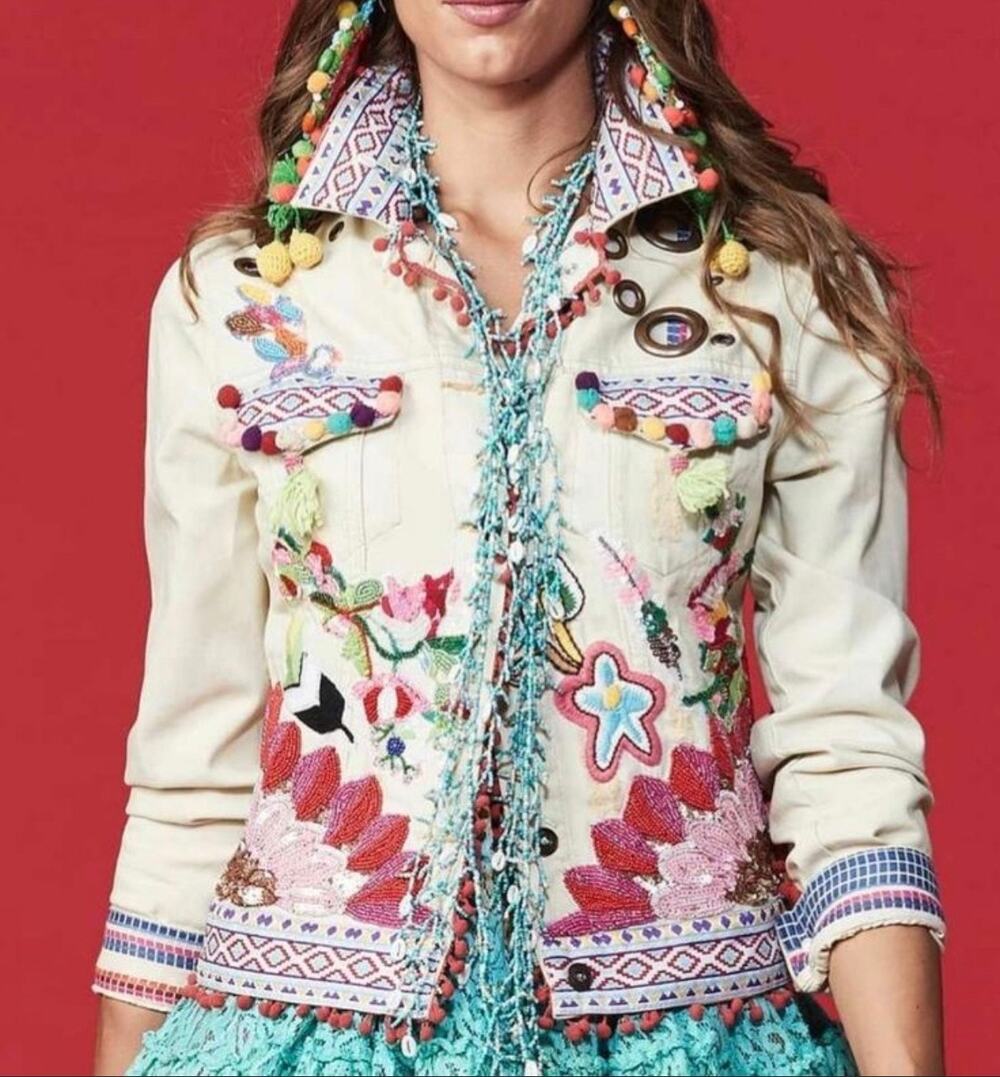 Antica Sartoria Giacomo Cinque Embellished Denim Jacket Womens Small Boho Resort